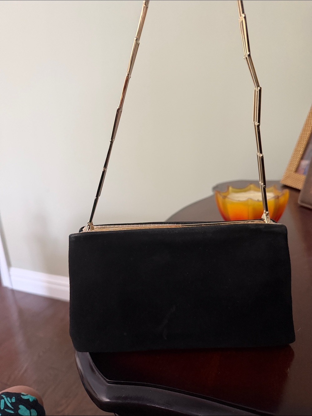Classic Black suede Evening Shoulder Bag with removable Gold Chain